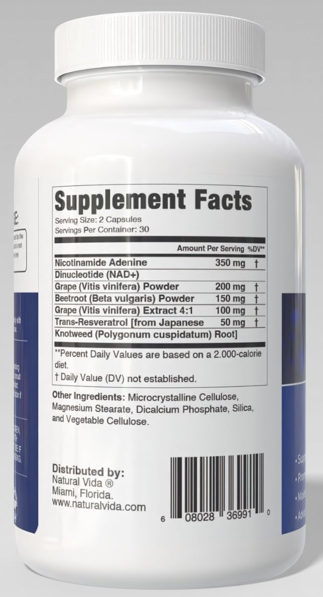 Natural Vida NAD Supplement + Resveratrol Capsule 60 Count