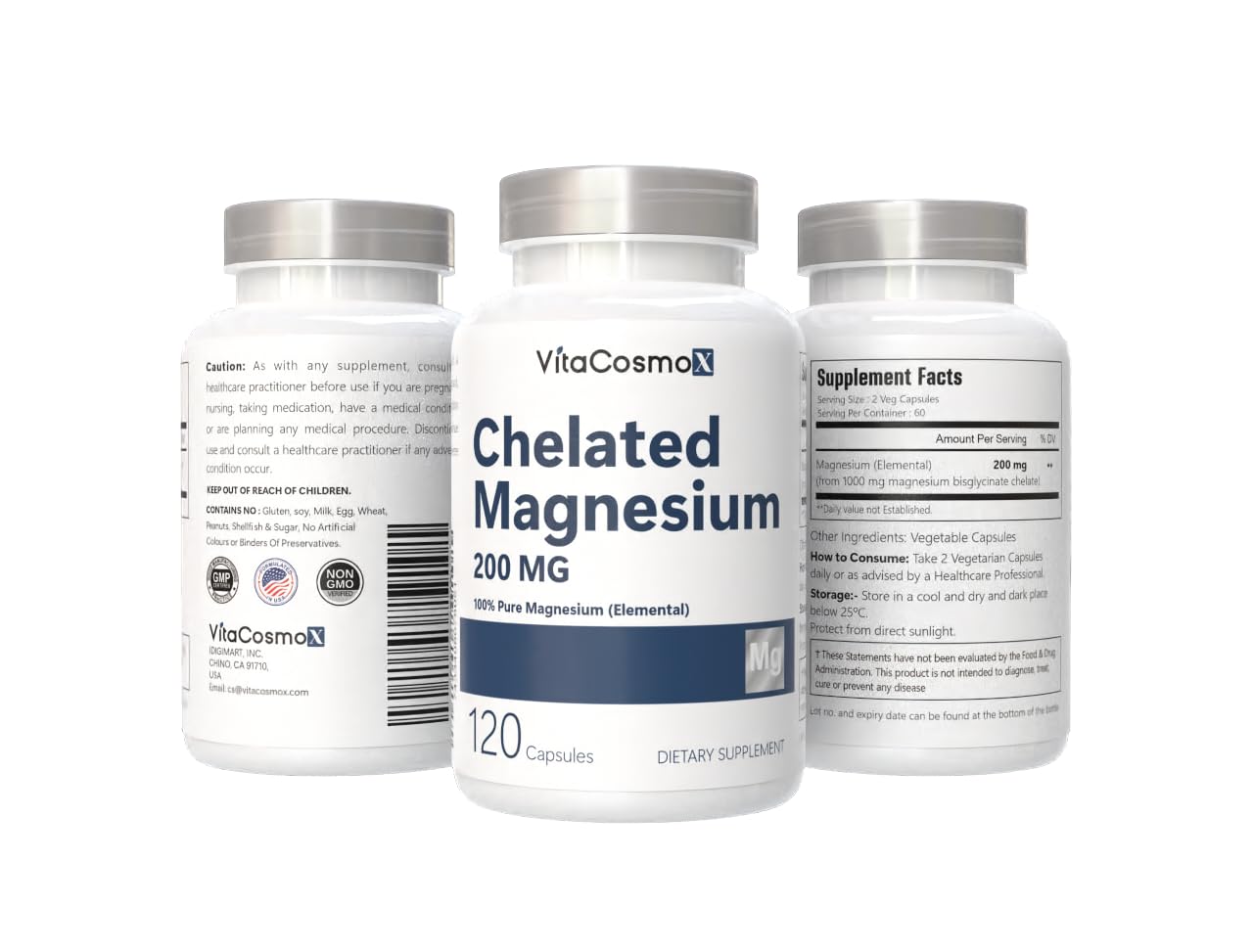VitaCosmoX Chelated Magnesium Bisglycinate 200mg Capsules, 120 Count