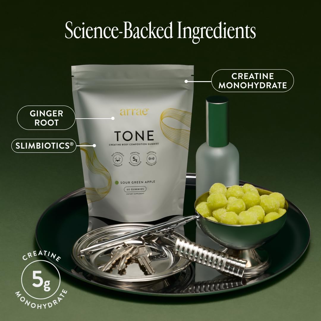 Arrae Tone Gummies Creatine Monohydrate 5g for Women – Support Lean Muscle, Strength & Recovery, Sour Green Apple Flavor, 90 Count