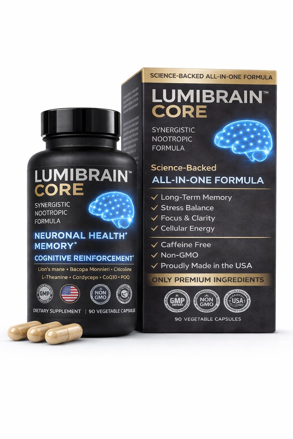 LumiBrain CORE Brain Supplement for Memory and Focus, Caffeine-Free Nootropic for Brain Energy, 90 Capsules