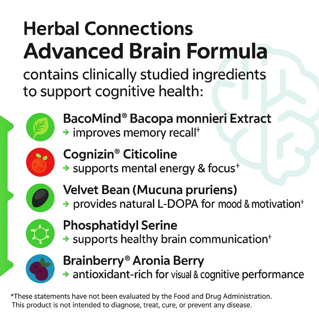 Herbal Connections Advanced Brain Support – Cognitive Function & Memory Booster for Adults Brain Health Supplement with Bacopa Monnieri, Ginkgo & B-Vitamins Non-GMO Gluten-Free Capsules, 30
