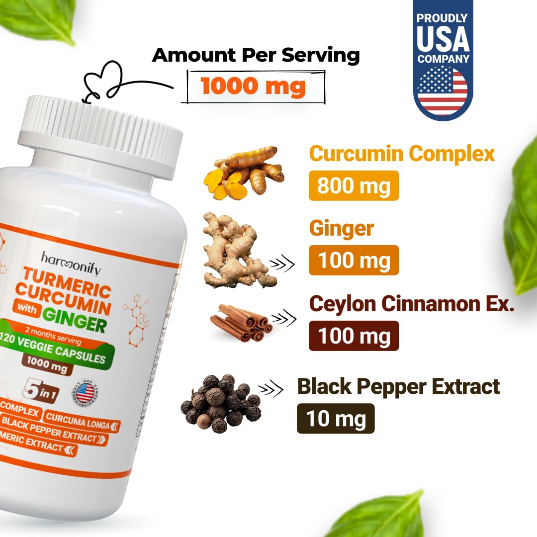 HARMONIFY Turmeric Curcumin Supplement with Ginger, Ceylon Cinnamon and Black Pepper Complex 5 in 1 Formula, Curcuma Longa, Max Absorption, 1000 mg, 120 Capsules
