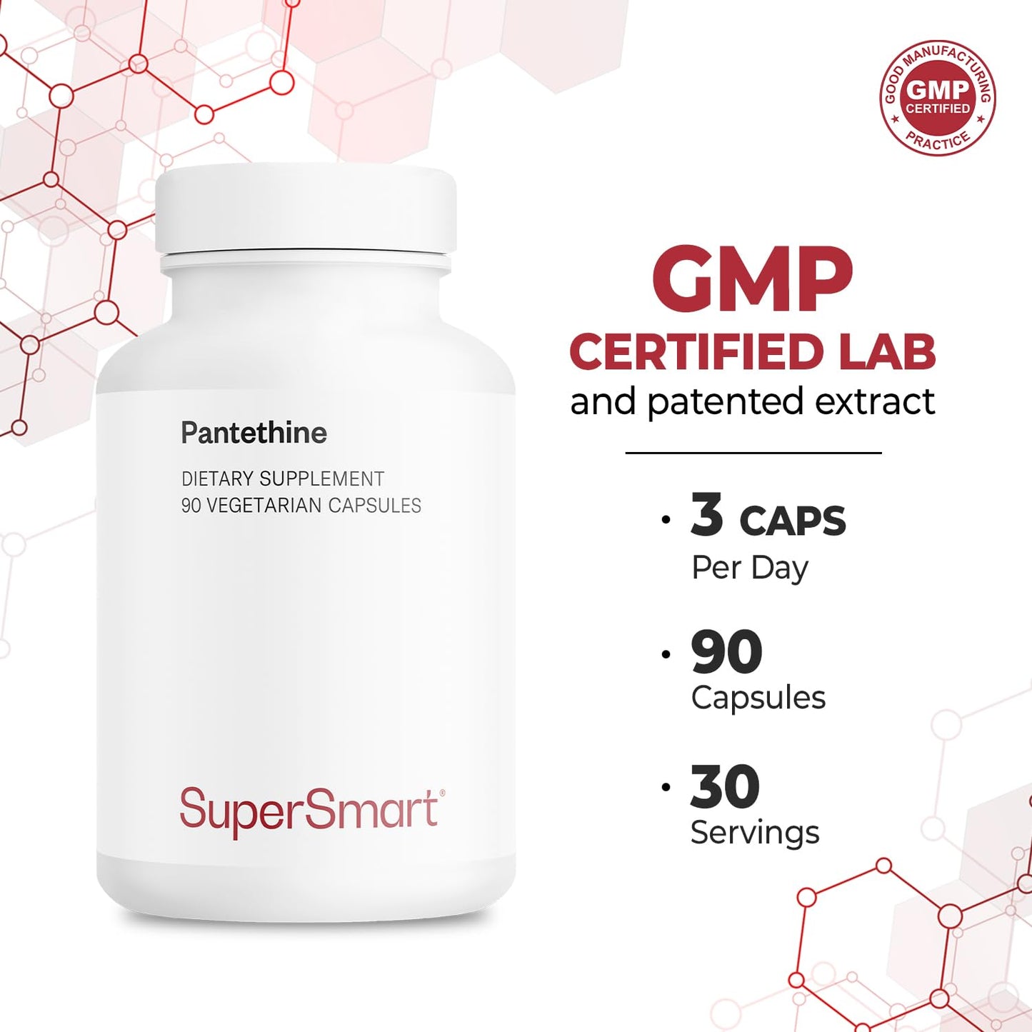 Supersmart Pantesin Pantethine 600 mg per Day (Pantothenic Acid) - Active Vitamin B5 Supplement Capsule, 90 Count