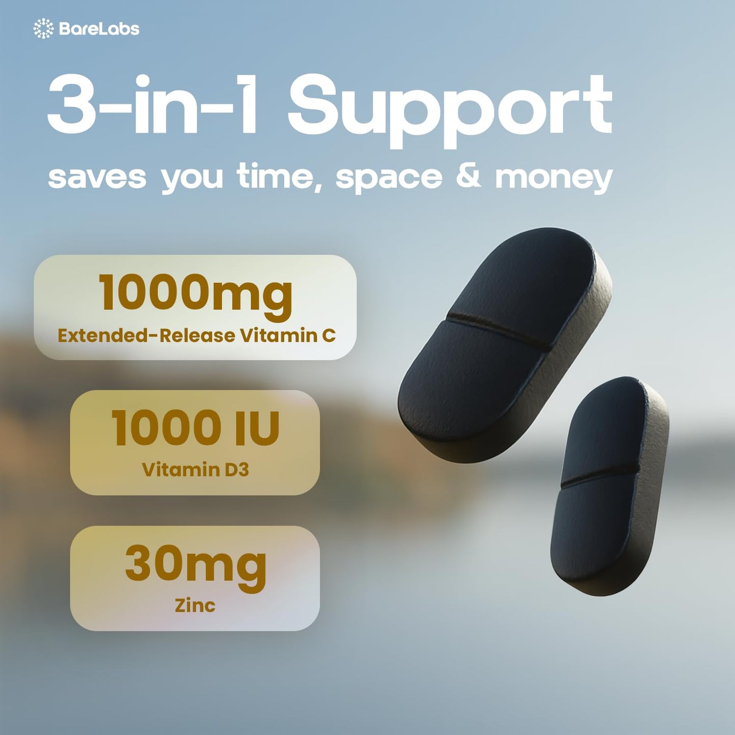 BareLabs Time Release Vitamin C 1000 mg + Vitamin D3 1000 IU + Zinc 30 mg Tablets 120 Count