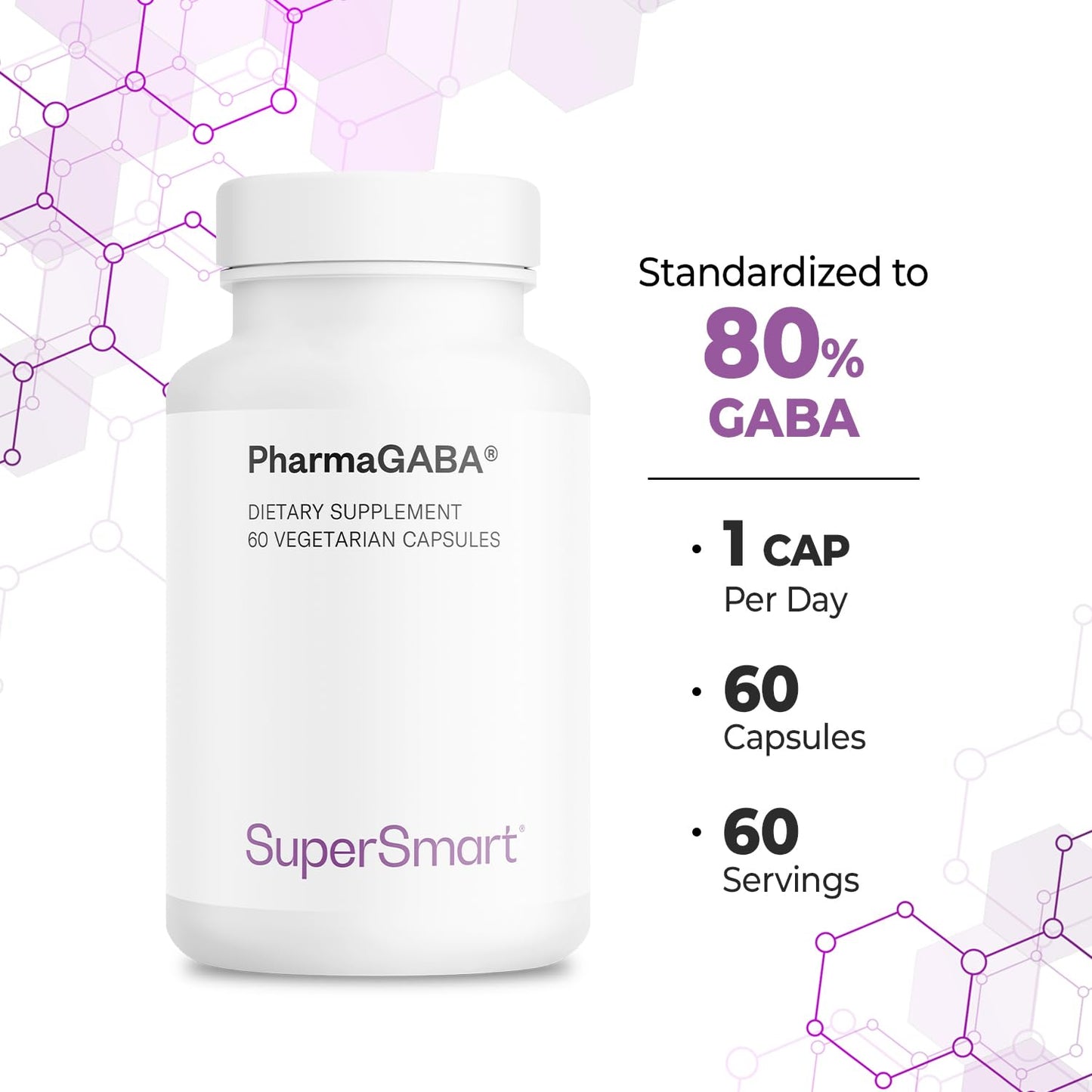 Supersmart Pharma GABA 125mg per Day (Patented & Highly Bioavailable) Natural Gamma Aminobutyric Acid GABA Supplement, Non-GMO & Gluten Free, 60 Vegetarian Capsules