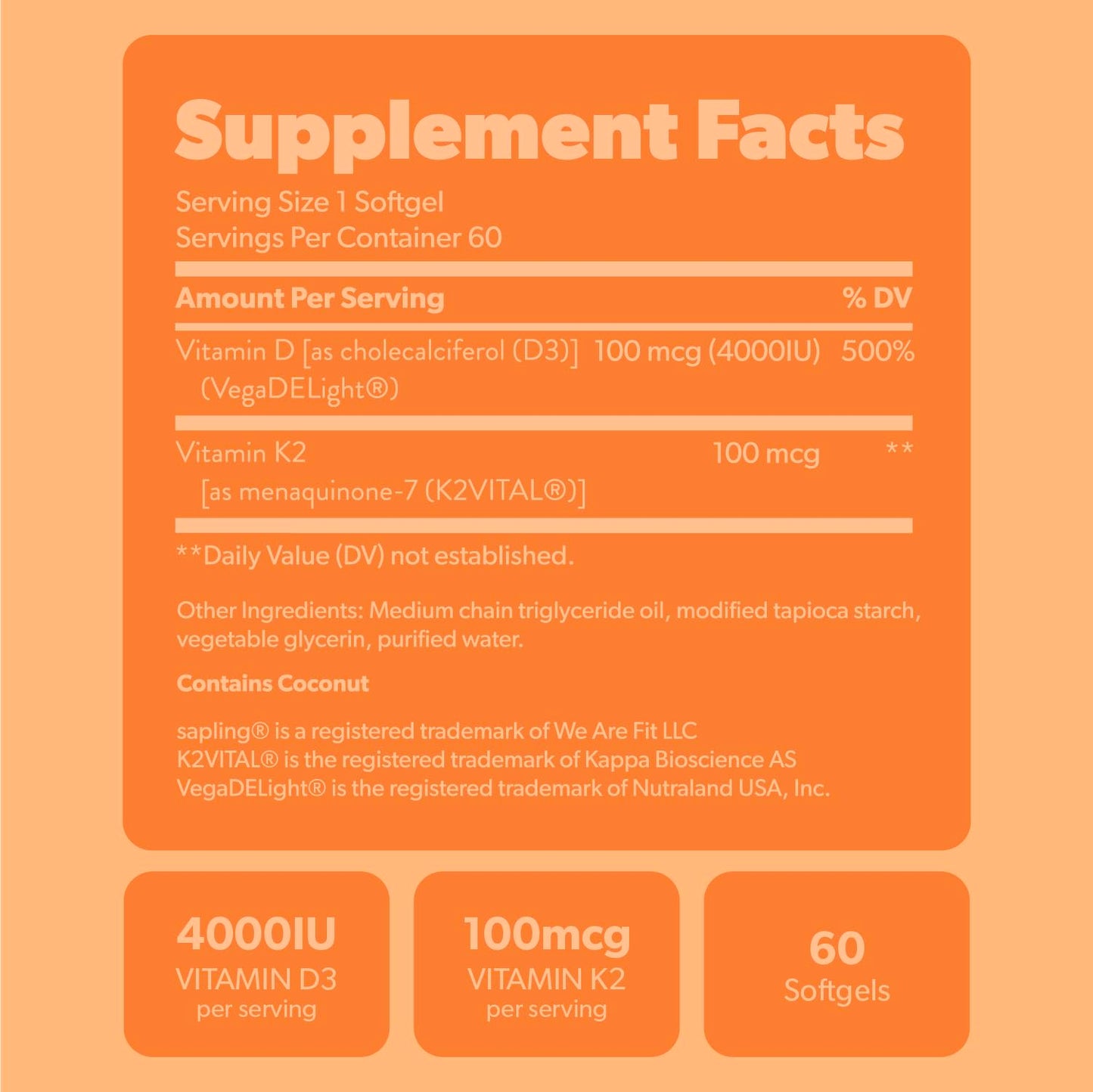 Sapling Vegan Vitamin D3 + K2 Supplement with MCT Oil from Coconut, 4000 IU Vitamin D and 100 mcg Vitamin K2 as MK-7, Softgels, 60 Count