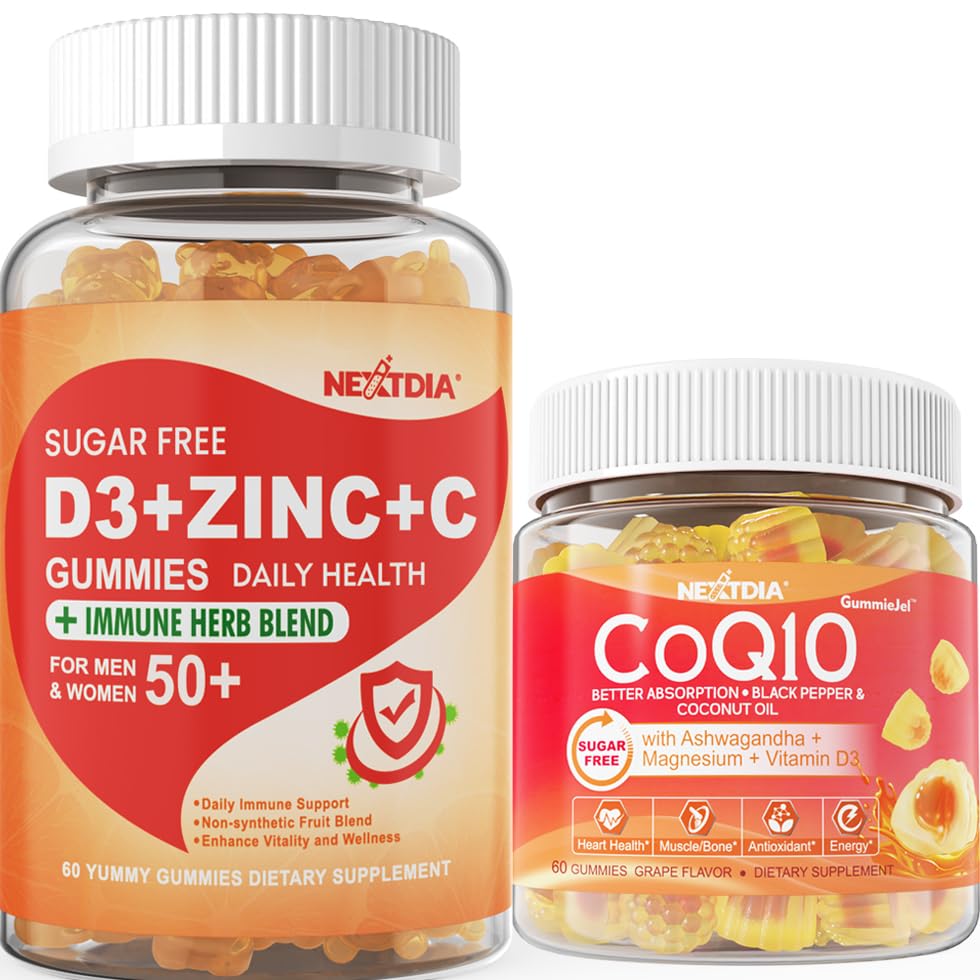 Nextdia Sugar Free C + D3 + Zinc Immune Gummies + Sugar Free CoQ10 200mg Filled Gummies, 180 Gummies