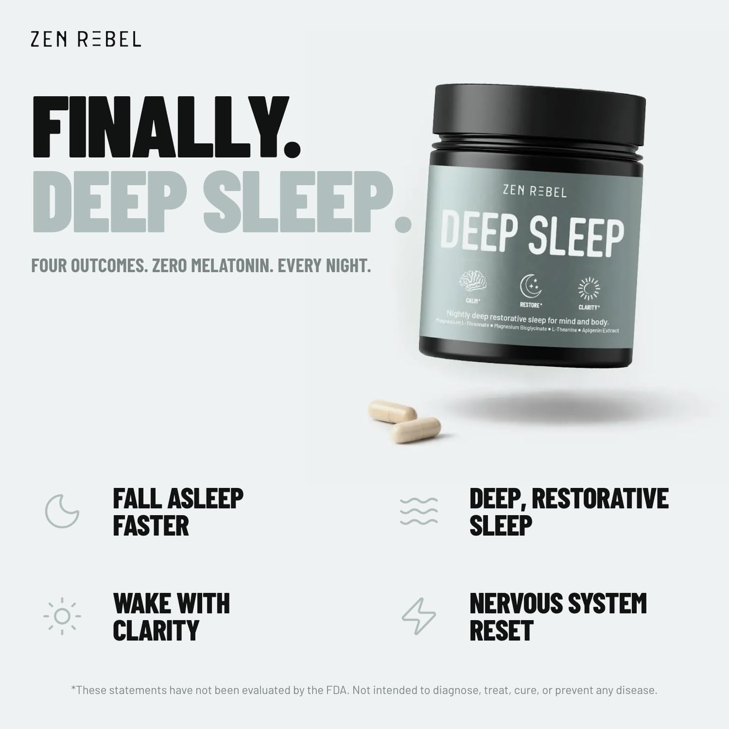 ZEN REBEL Deep Sleep Support - Magnesium L-Threonate & Glycinate, L-Theanine & Apigenin, Melatonin-Free, Promotes Calm, Restful Sleep & Morning Clarity, 30 Capsules