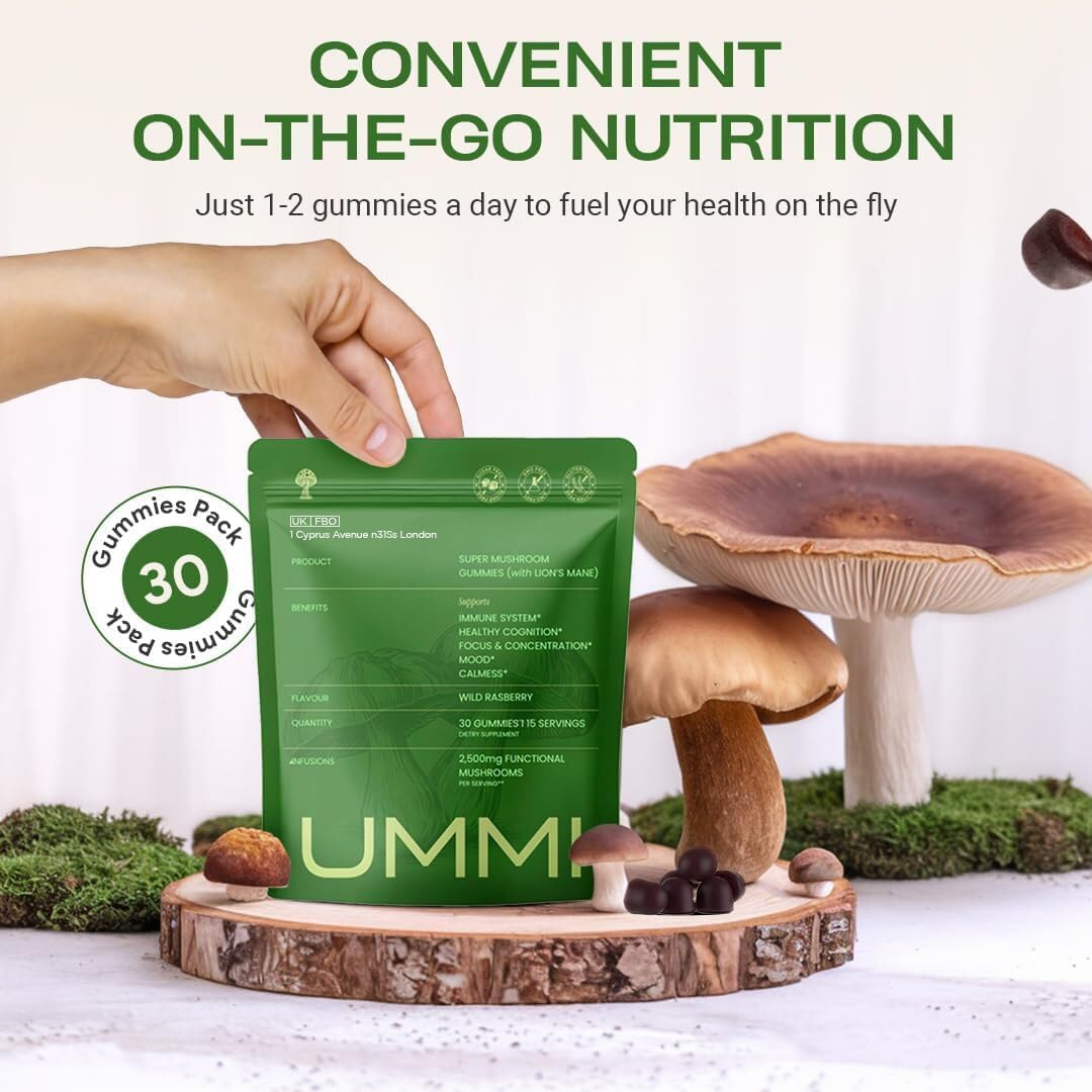 UMMI 12-in-1 Super Mushroom Gummies with Lion's Mane, Reishi, Cordyceps 2500mg Functional Mushrooms Complex, 30 Count