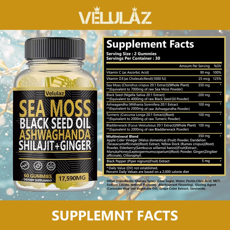 Velulaz Sea Moss & Herbal Gummies with Ginger, Black Seed Oil, Ashwagandha, Shilajit, Elderberry, Chlorophyll, Turmeric, Bladderwrack, 60 Gummies