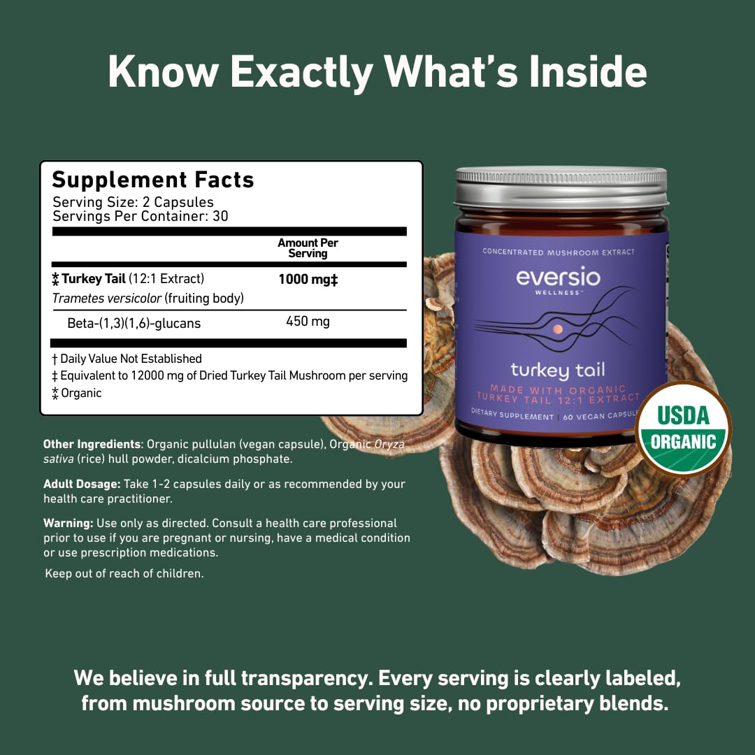 Eversio Wellness Organic Turkey Tail Capsules 12:1 Extract, 45% Beta Glucans Fruiting Body Mushroom Supplement for Immune Support, 60 Capsules