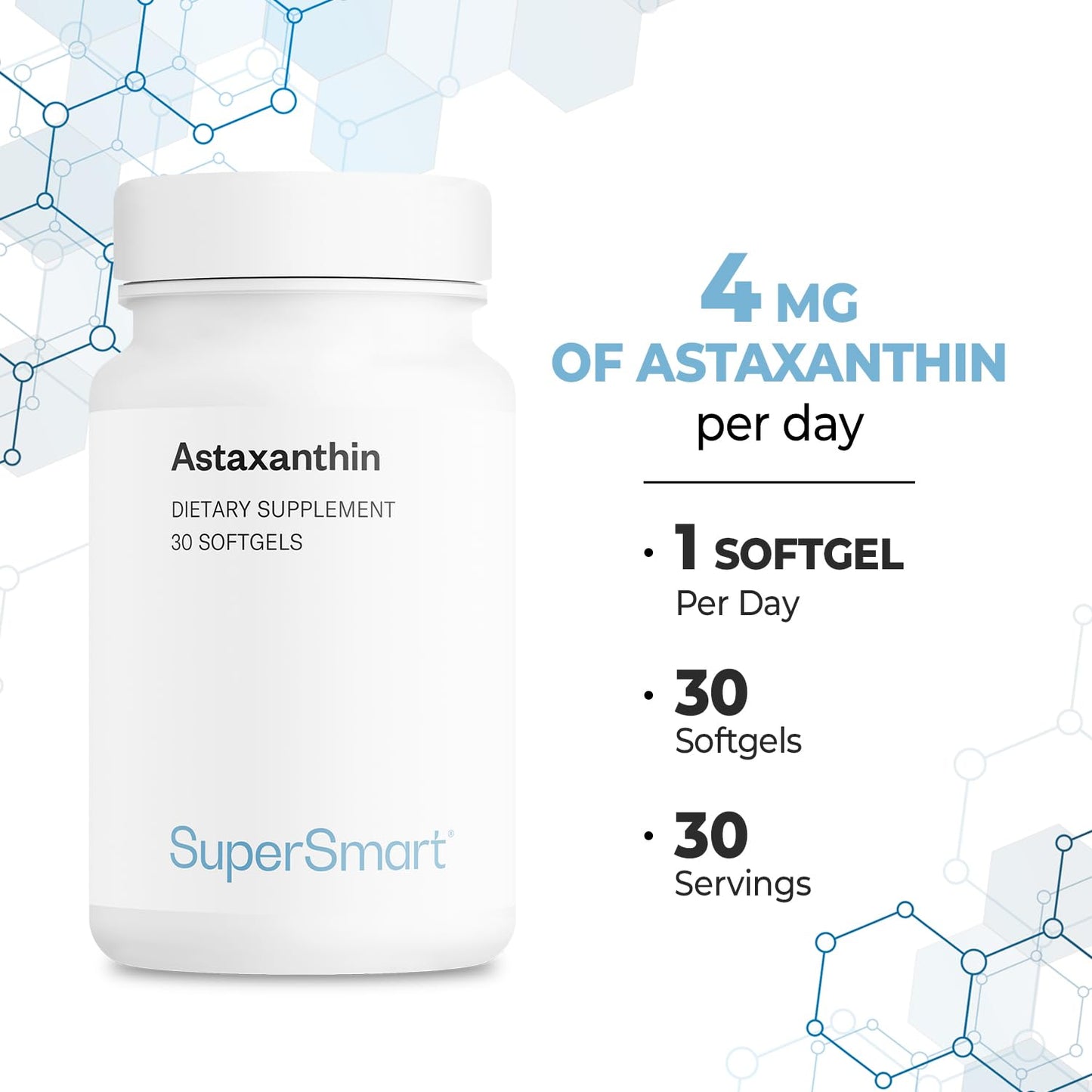 Supersmart Astaxanthin 4mg per Day (Patented & High Potency) - with AstaPure, Vitamin E, Olive Oil - Antioxidant Carotenoid Softgel 30 Count