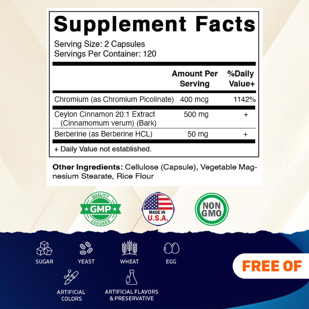 Vitamatic Ceylon Cinnamon & Berberine with Chromium Plant-Based Botanical Extract Vegetable Capsules 240 Capsules