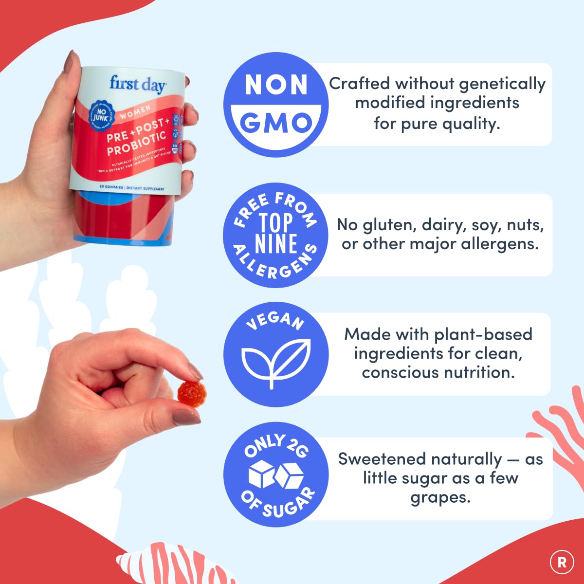 FIRST DAY 3-in-1 Probiotic Gummies – Prebiotic + Probiotic + Postbiotic Supplement – Supports Digestive & Oral Health, Immune Function & Energy Levels, 60 Gummies