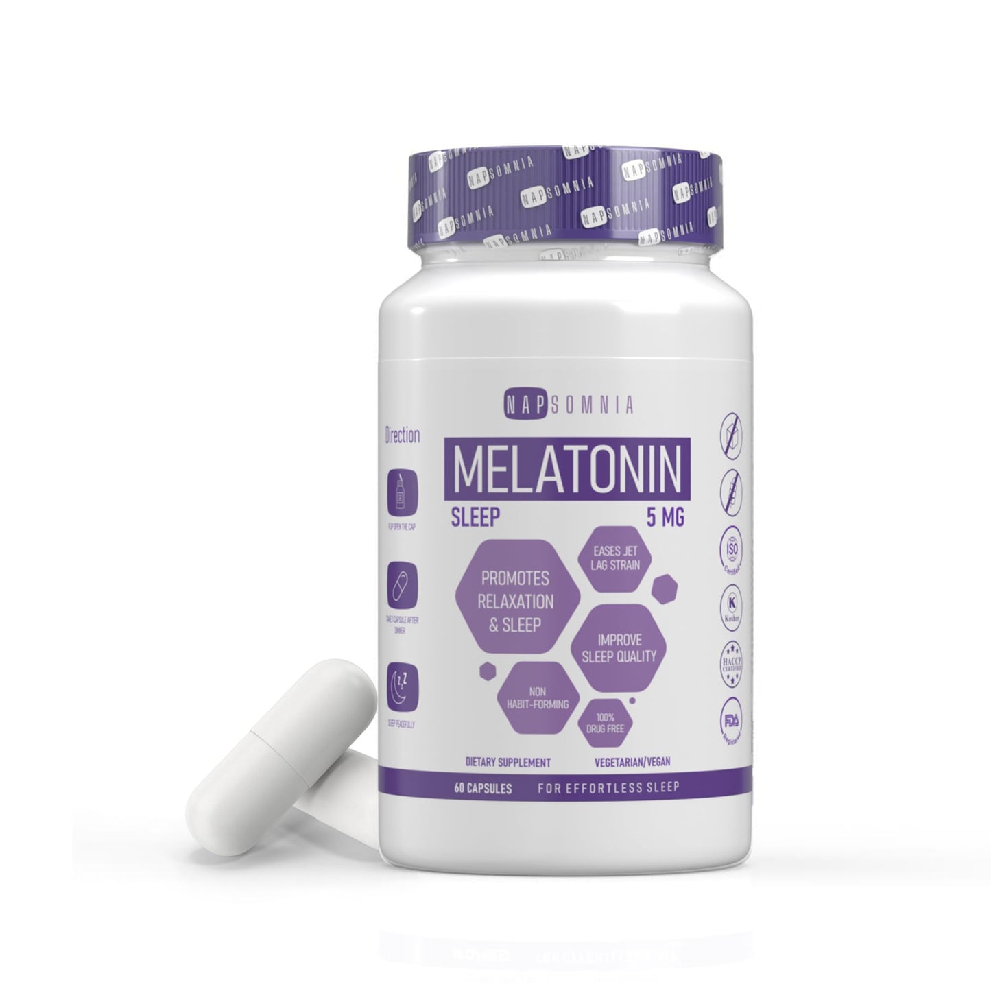 NAPSOMNIA Melatonin 5 mg with Valerian Root Extract - Vegan Melatonin Capsules - Sleep Aid for Adults, 60 Capsules