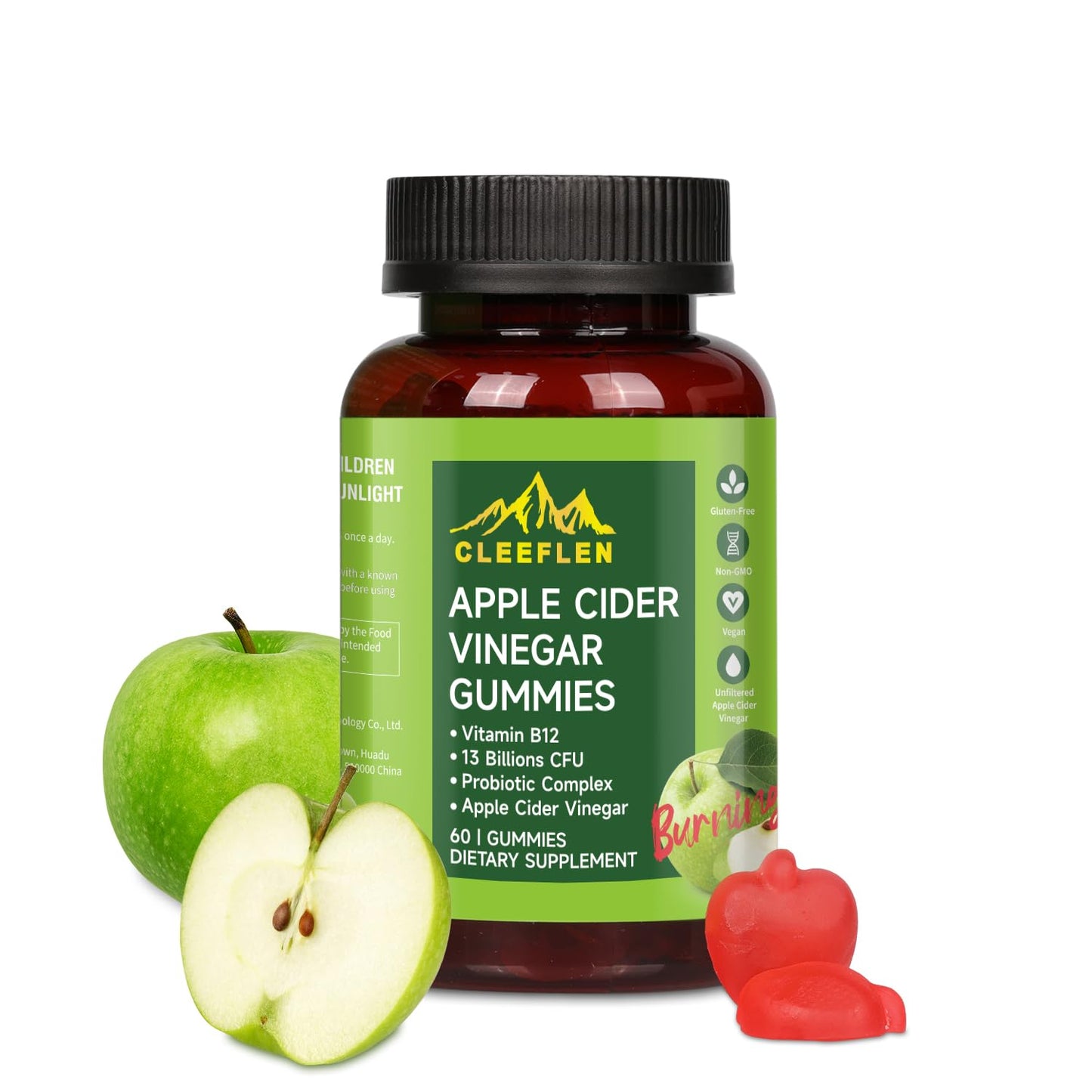 CLEEFLEN Apple Cider Vinegar Gummies with Vitamin B12 and Probiotics, 60 Gummies