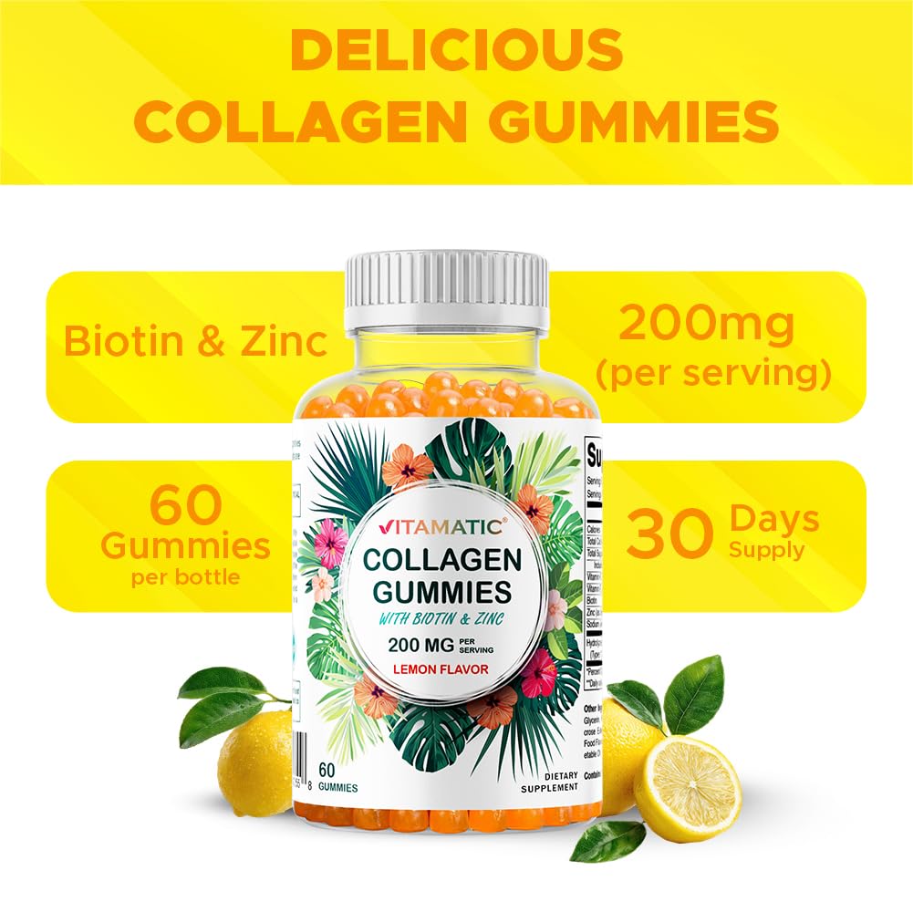 Vitamatic Hydrolyzed Collagen Gummies with Vitamin C, Zinc and Biotin, 200 mg, 60 Gummies