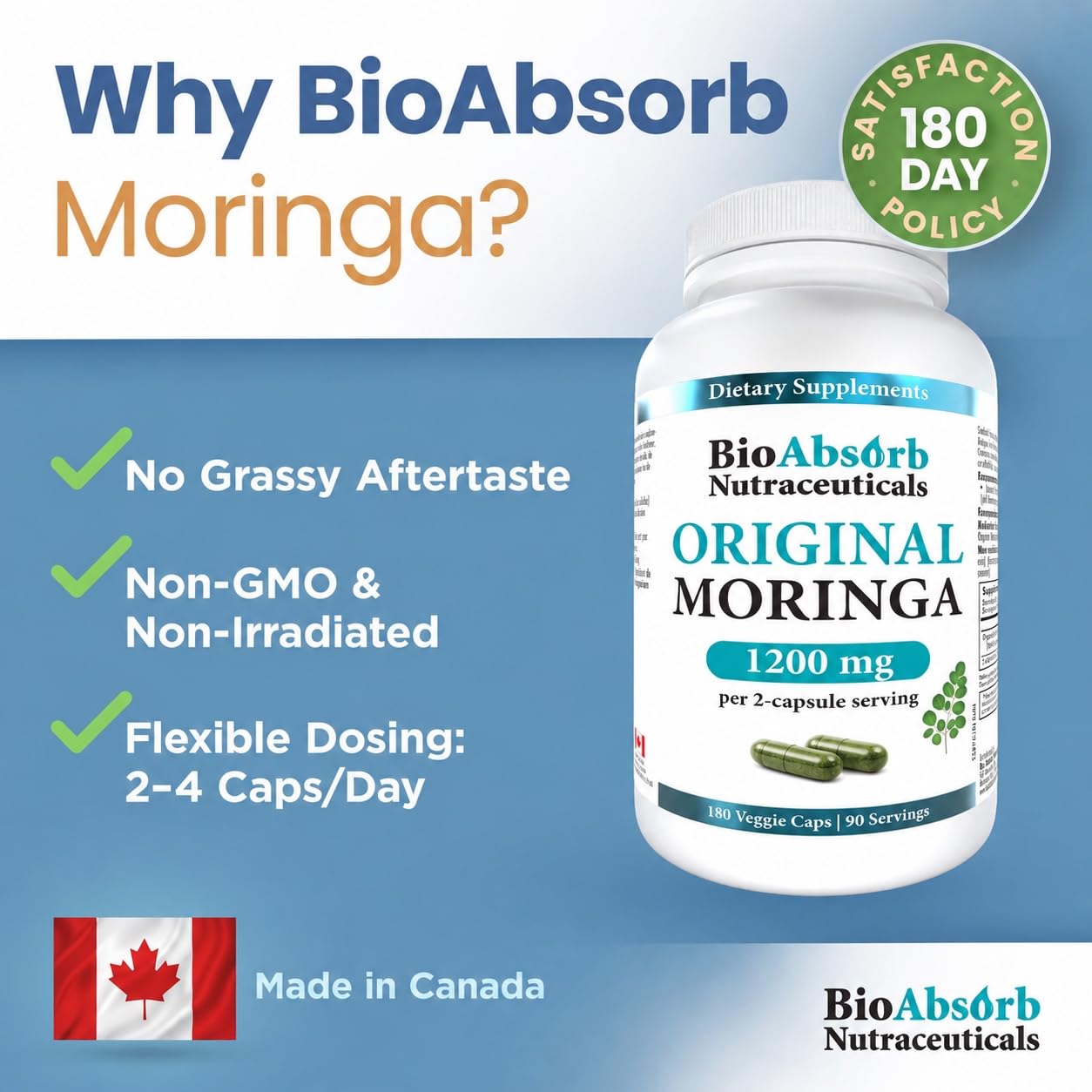 Bio Absorb Nutraceuticals Moringa Capsules 1200mg – Non-Irradiated Moringa Oleifera Leaf Powder, 180 Capsules