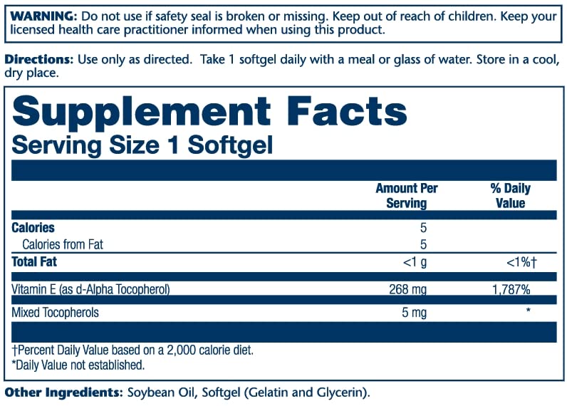 SOLARAY Vitamin E d-Alpha Tocopherol 268mg (400 IU) Softgels, 50 Count