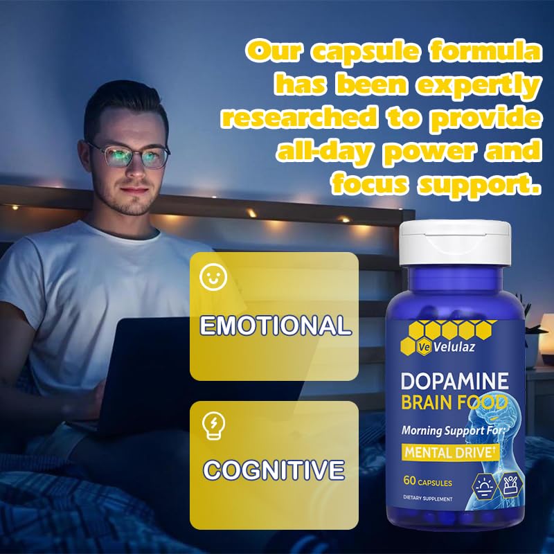 Velulaz Dopamine Brain Nutritional Supplement with Magnesium Complex for Concentration, Morning Mental Drive & Focus, Allergen-Free Mental Clarity, 60 Capsules