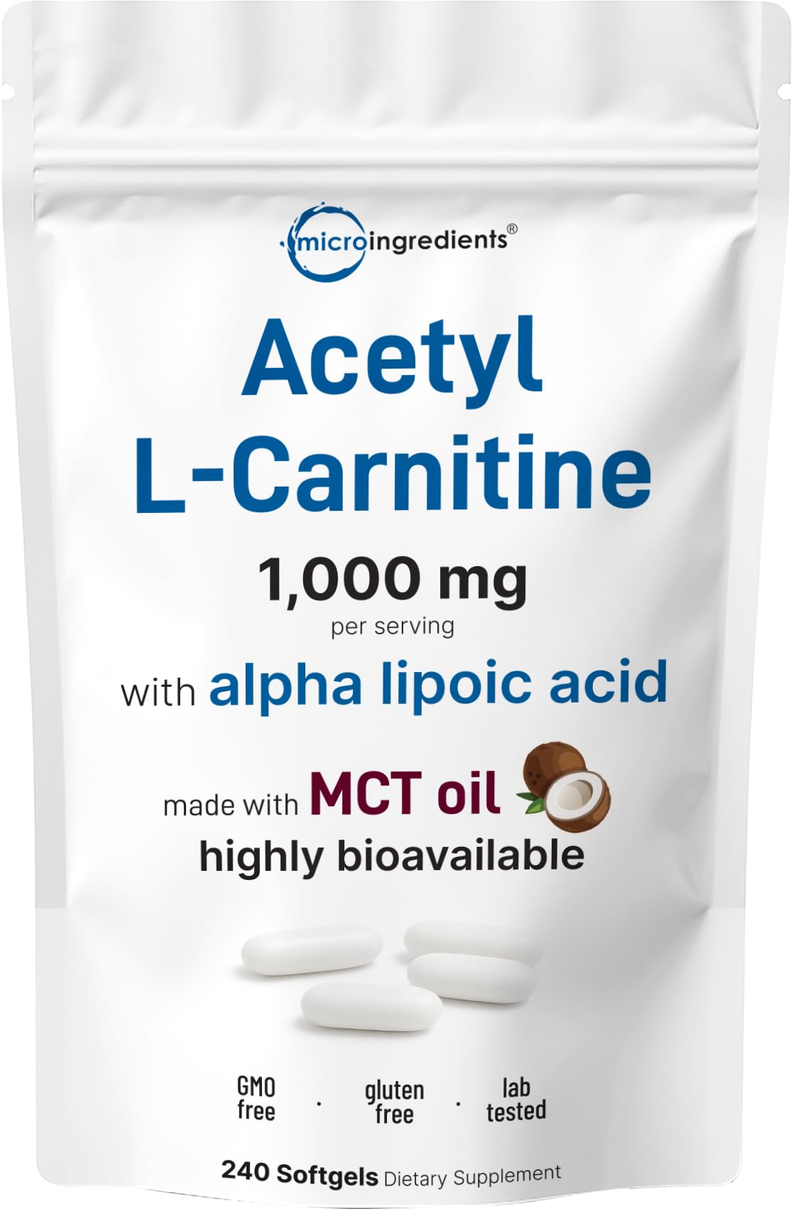 Micro Ingredients Acetyl L-Carnitine (ALCAR) 1,000 mg Per Serving Softgels 240 Count