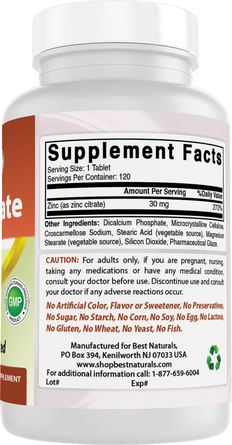 Best Naturals Zinc 30mg Supplements (as Zinc Citrate) - Zinc Vitamins for Adults Immune Support - 240 Tablets