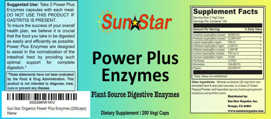 Sun Star Organics Power Plus Enzymes Digestive Supplement Capsule, 200 Capsules