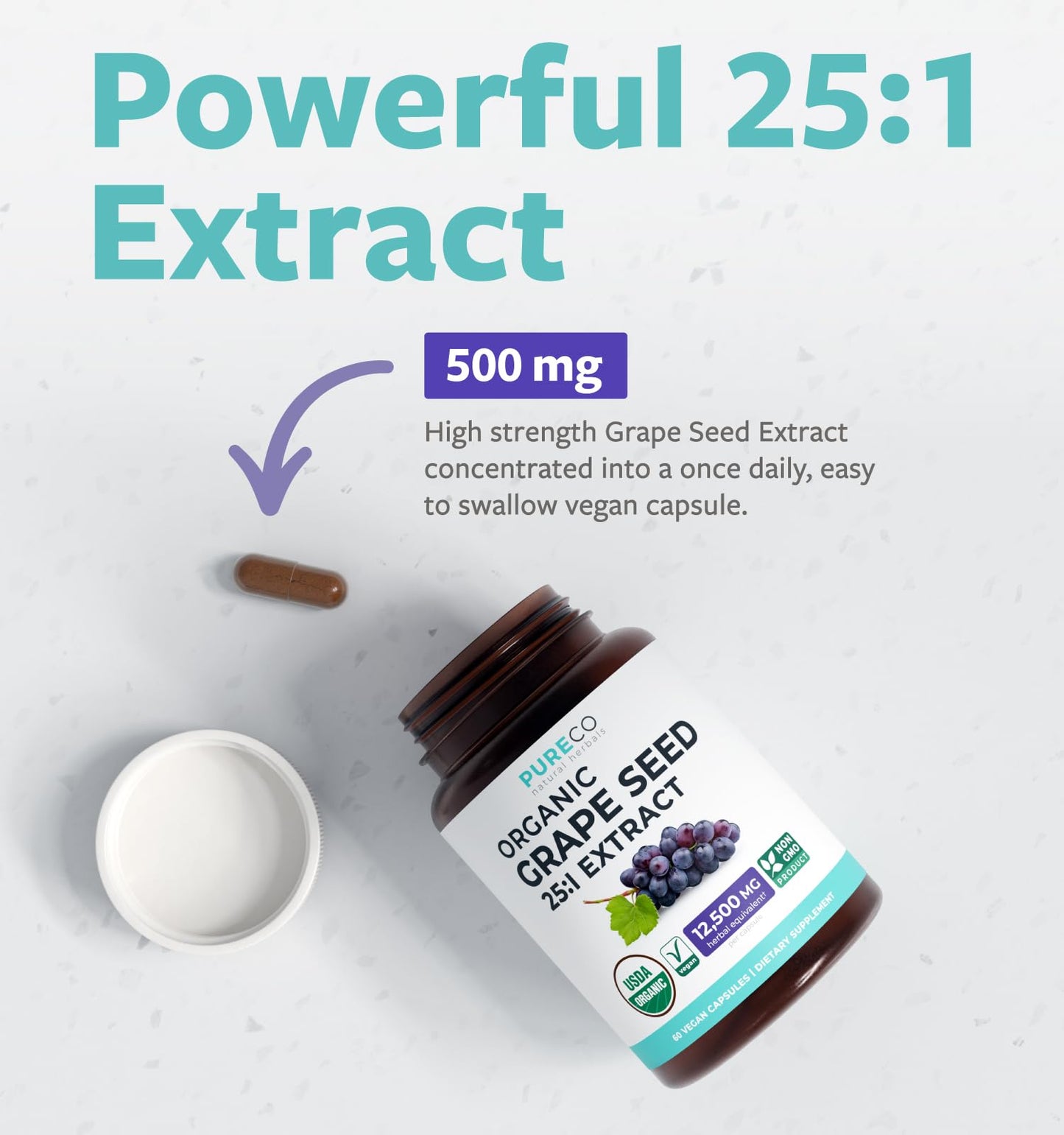 PURE CO Grape Seed Extract, USDA Organic, High Potency 25:1, Capsule, 60 Count