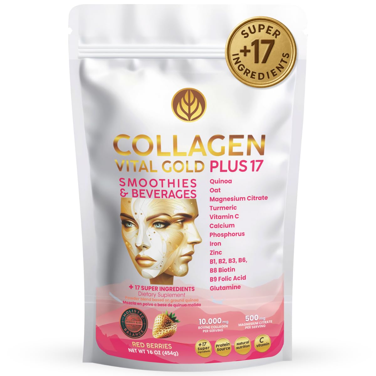 Gold Vital Life Collagen Peptides Powder - Hydrolyzed Collagen with +17 Super Ingredients, Red Berries Flavor, 1 lb, 16 Servings
