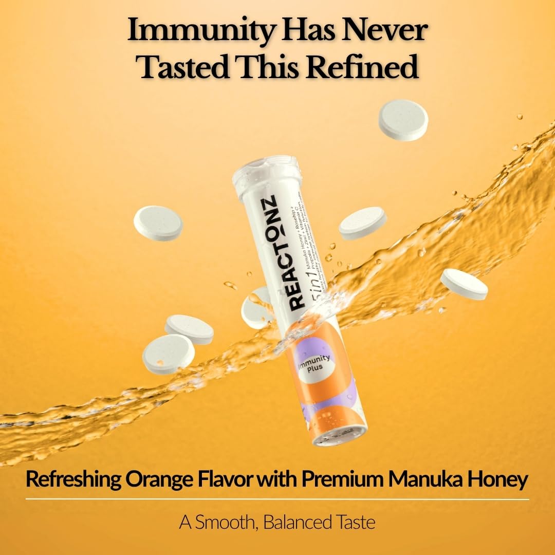 REACTONZ 5 in 1 Immunity Plus – Immune Support & Antioxidant Supplement – Vitamin C, Zinc, Manuka Honey, Rosehip & Propolis – Natural Zesty Orange Flavor – 20 Tablets