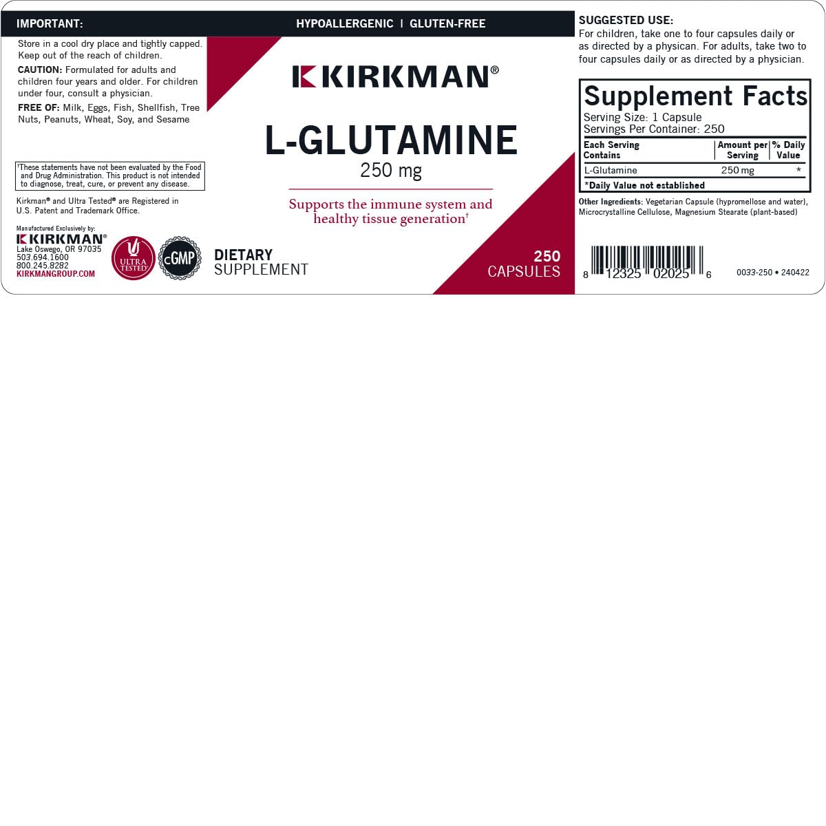 Kirkman L-Glutamine 250 mg Capsules, 250 Count