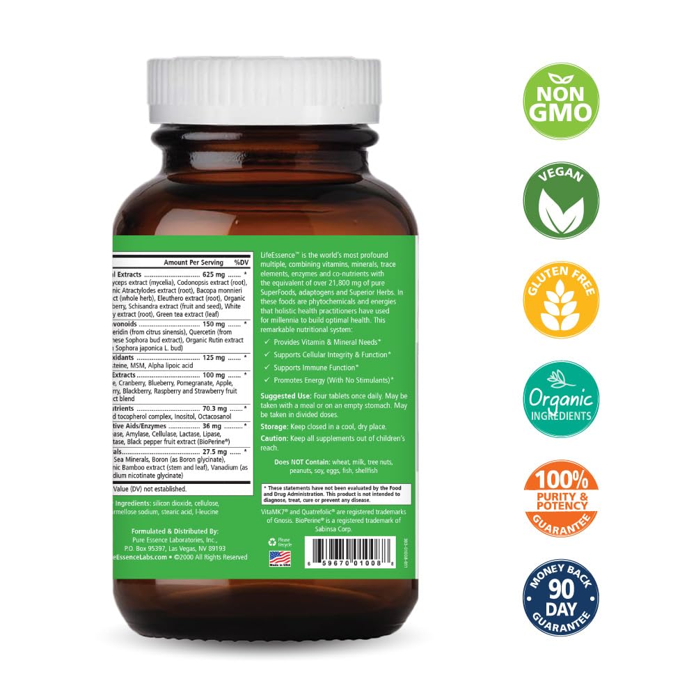 Pure Essence Labs LifeEssence Multivitamin for Women and Men - Natural Herbal Supplement - Vitamin D, Vitamin D3, Vitamin B12, Biotin with Whole Foods Tablets 240