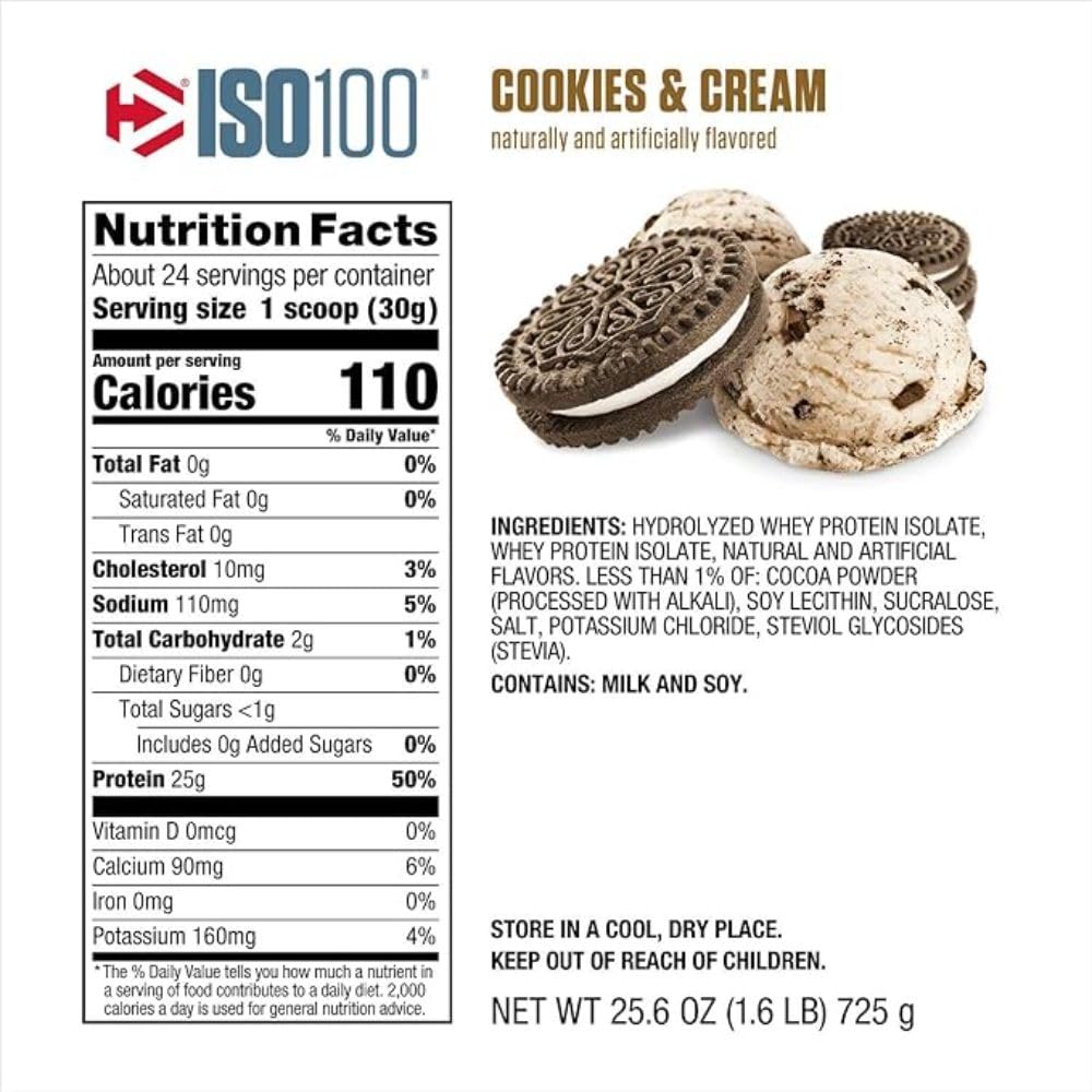 Dymatize ISO100 Hydrolyzed Whey Isolate Protein Powder Cookies and Cream 1.6 Pound