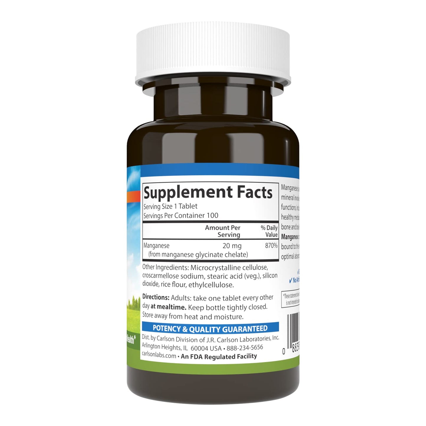 Carlson Chelated Manganese 20 mg Tablets 100 Count