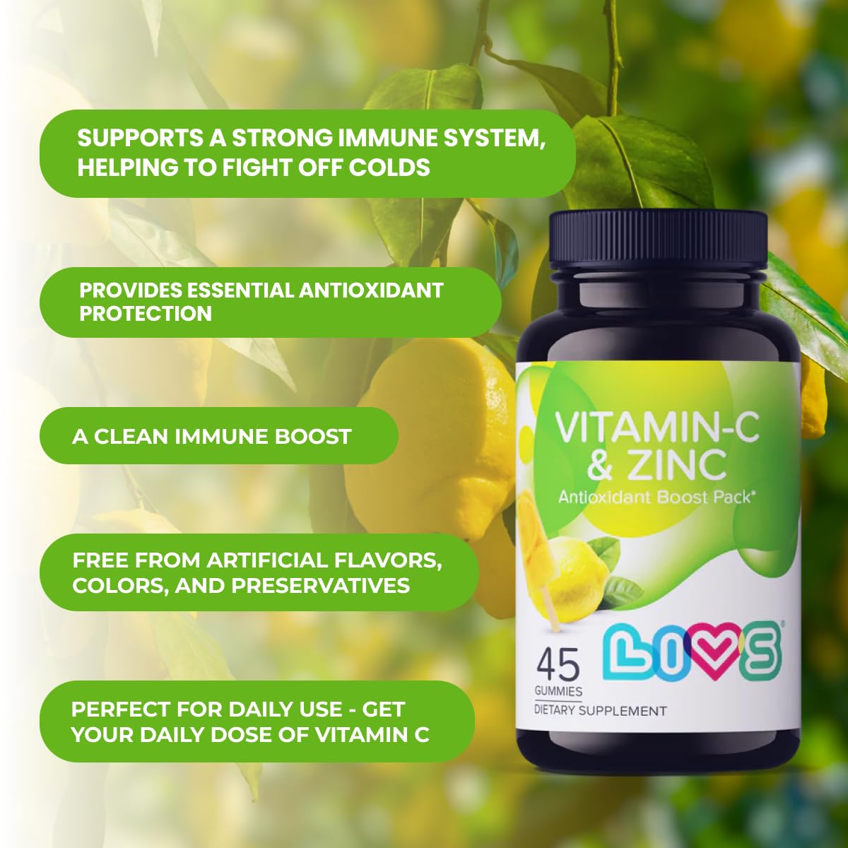 LIVS Vitamin C & Zinc Gummies, 125 mg Vitamin C & 20 mg Zinc per Dose, 45 Count