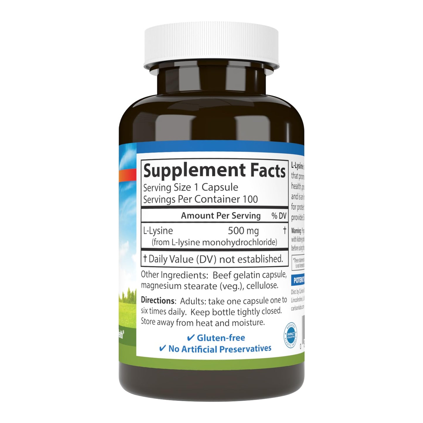 Carlson L-Lysine 500mg Capsules, 100 Count