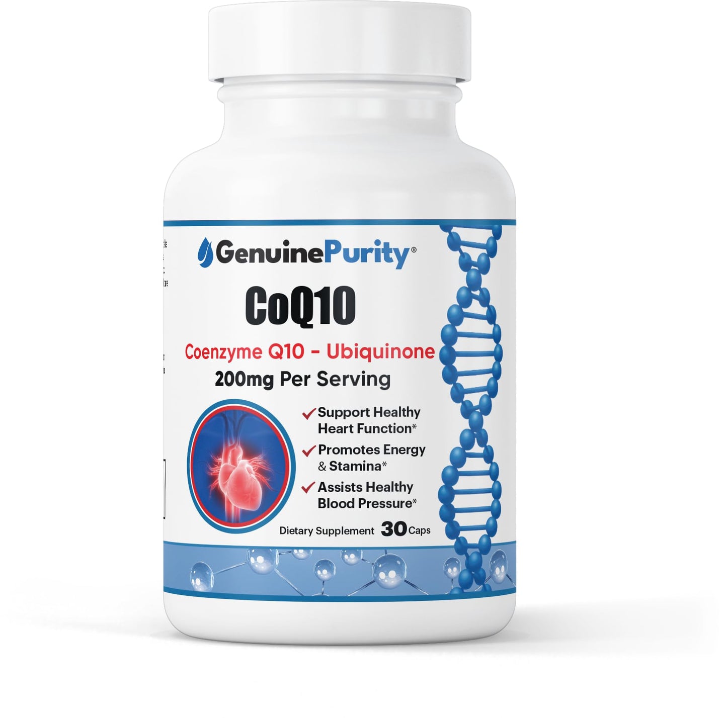 GenuinePurity CoQ10 200mg Ubiquinone Supplement for Cellular Energy, 30 Capsules