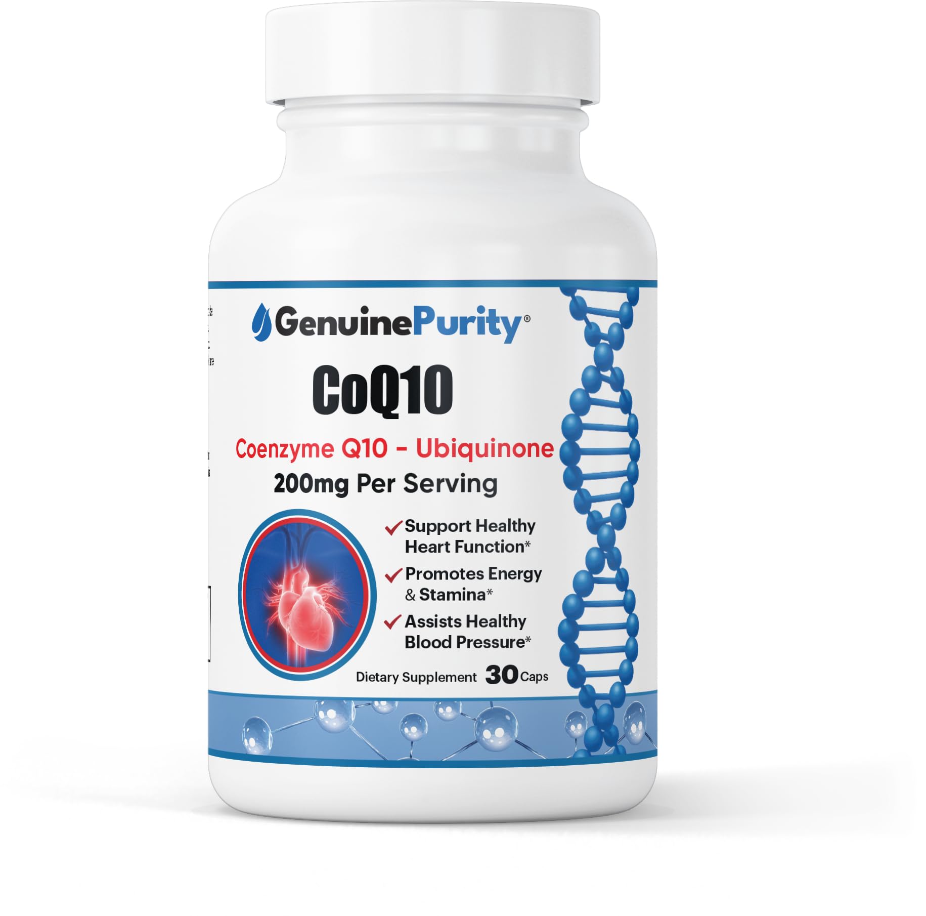 GenuinePurity CoQ10 200mg Ubiquinone Supplement for Cellular Energy, 30 Capsules