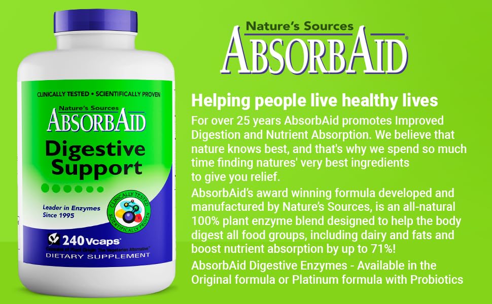 AbsorbAid Original Formula Digestive Support Enzyme Supplement Capsule 240 Capsules