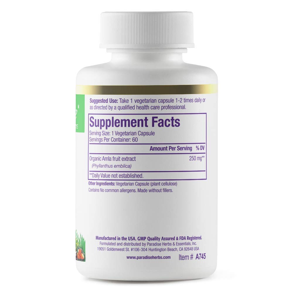 Paradise Herbs Amla 250 mg Organic Whole Spectrum Vitamin C Capsule 60