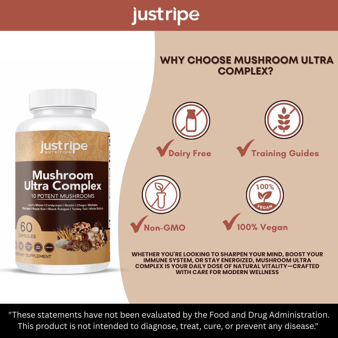 Just Ripe Nutrition Mushroom Ultra Complex Reishi, Cordyceps, Lions Mane & Shiitake Immune System Booster & Nootropic Brain Supplement - Enhance Memory and Focus - Stress Relief 60 Capsules