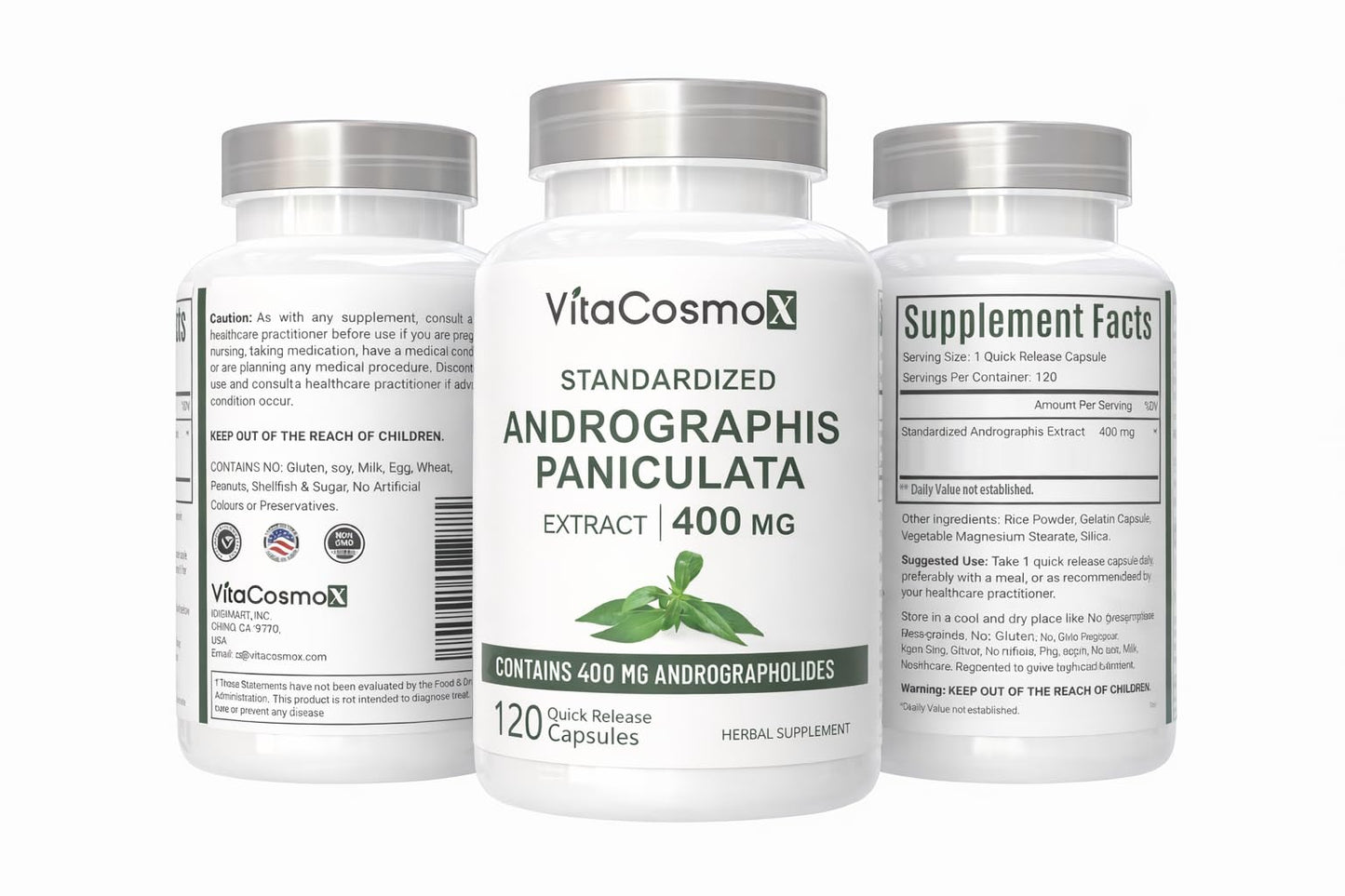 VitaCosmoX Andrographis Paniculata 400 mg Capsules, 120 Count