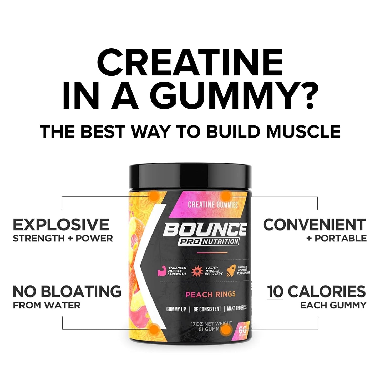 Bounce Pro Creatine Monohydrate Gummies, 51 Count