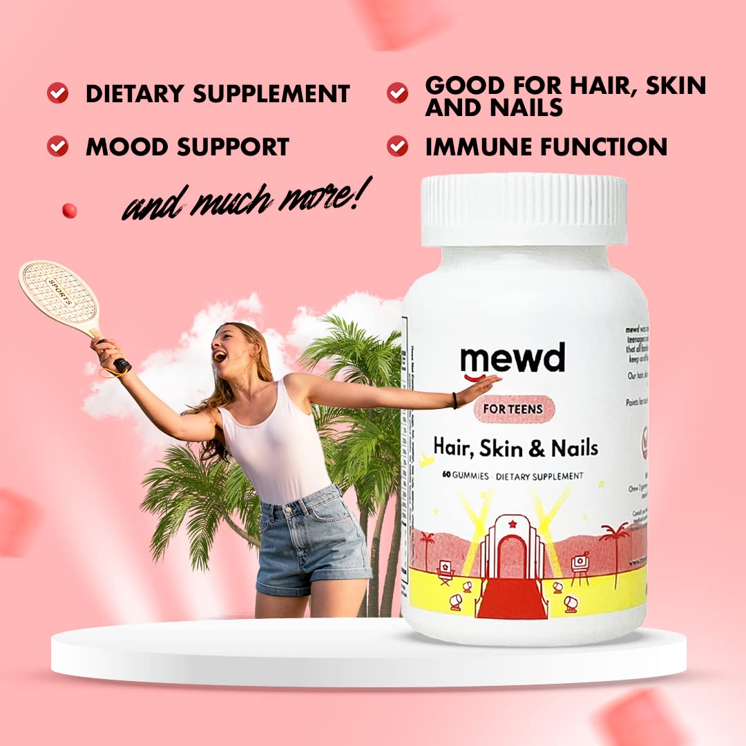 MEWD Teen and Kids Hair, Skin & Nails Support Multivitamin Gummies - Biotin Strength & Growth with Zinc, Vitamins A, D3, B1, B2, B6 & B12 - Gluten-Free, Non-GMO for Girls & Boys - 60 Count