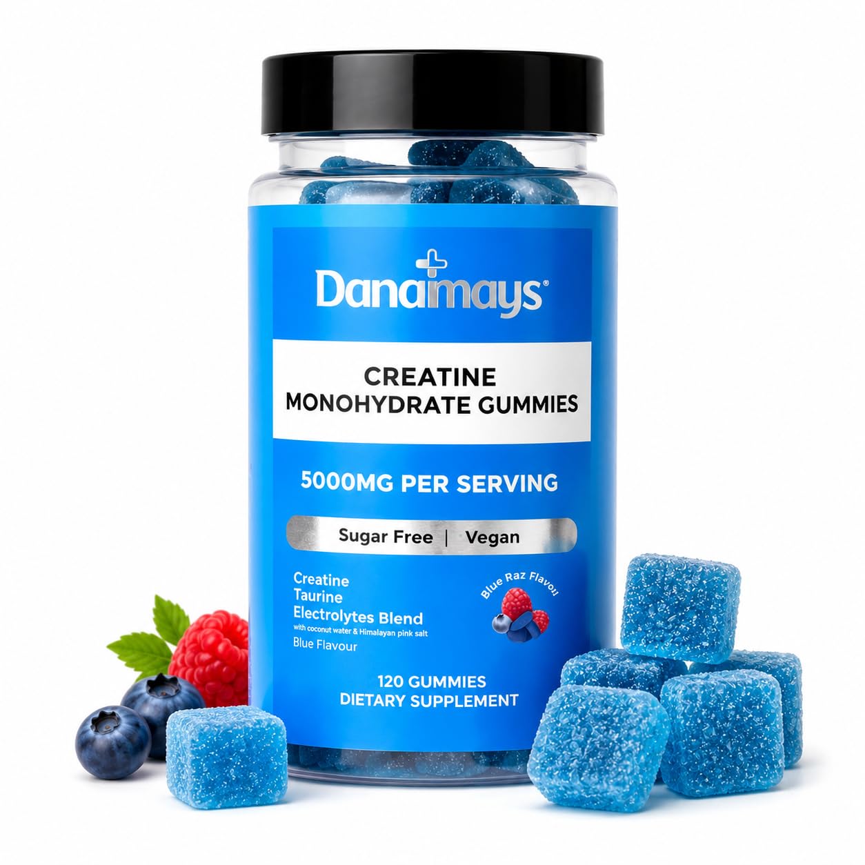 Danamays Creatine Monohydrate 5g with Taurine & Mg/K/Na Electrolytes – Sugar Free Pre Workout Energy, Muscle Strength & Recovery Gummy, 120 Count