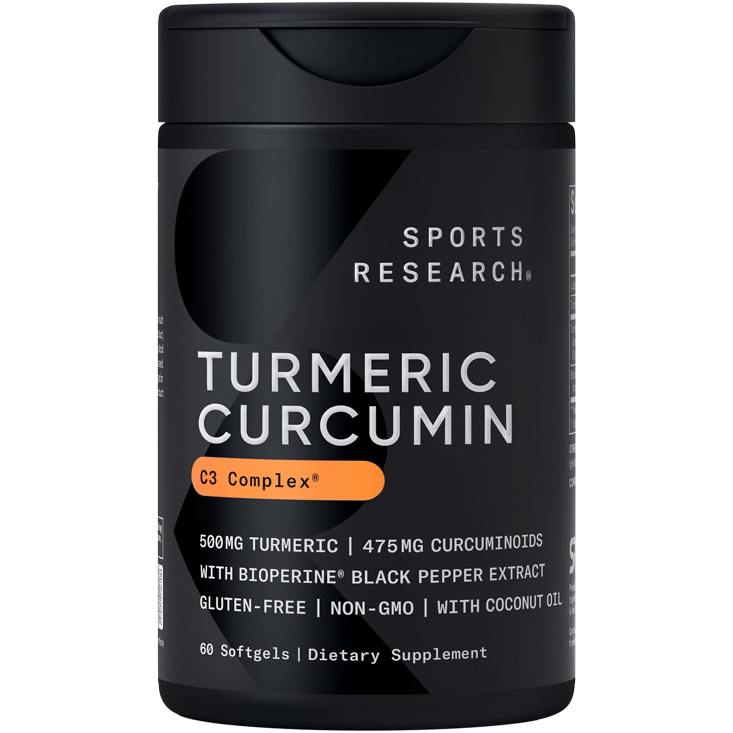 Sports Research Turmeric Curcumin C3 Complex w/BioPerine Black Pepper Extract & Organic Coconut Oil - Standardized 95% Curcuminoids, Non-GMO, Gluten Free Softgels 60