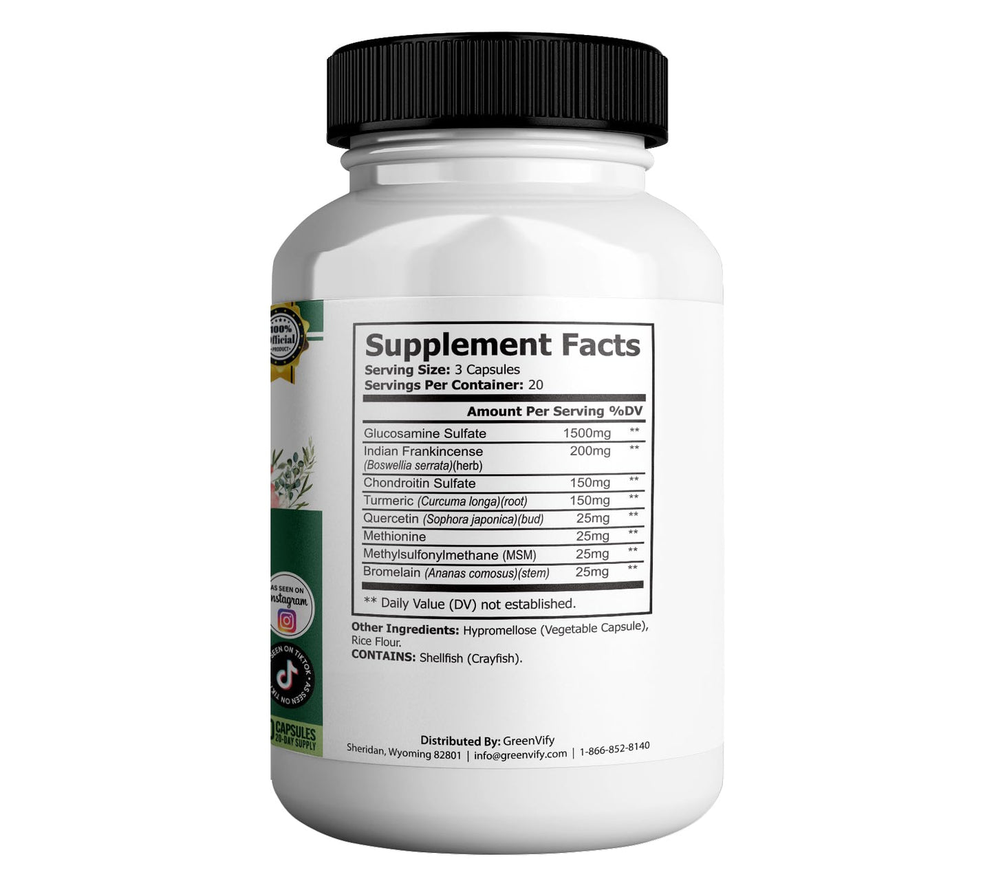 GREENVIFY Flexigenics Max Extra Strength Joint Support Supplement 1500mg Glucosamine Capsules, 180 Capsules
