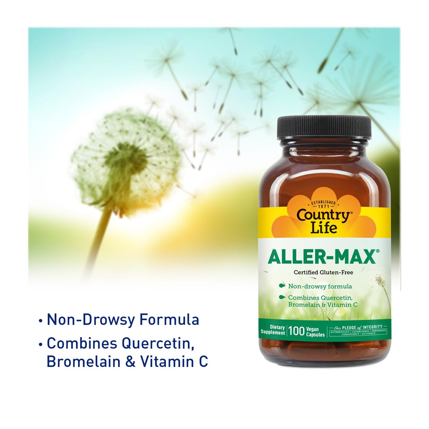 Country Life Aller-Max Quercetin with Bromelain Immune Support with Vitamin C, Zinc, and Botanical Blend Capsules, 100 Count