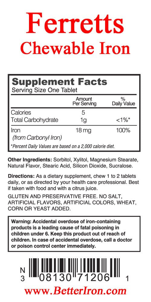 Pharmics Ferretts Chewable Iron Supplement 18mg (Carbonyl Iron) Tablet, 60 Count
