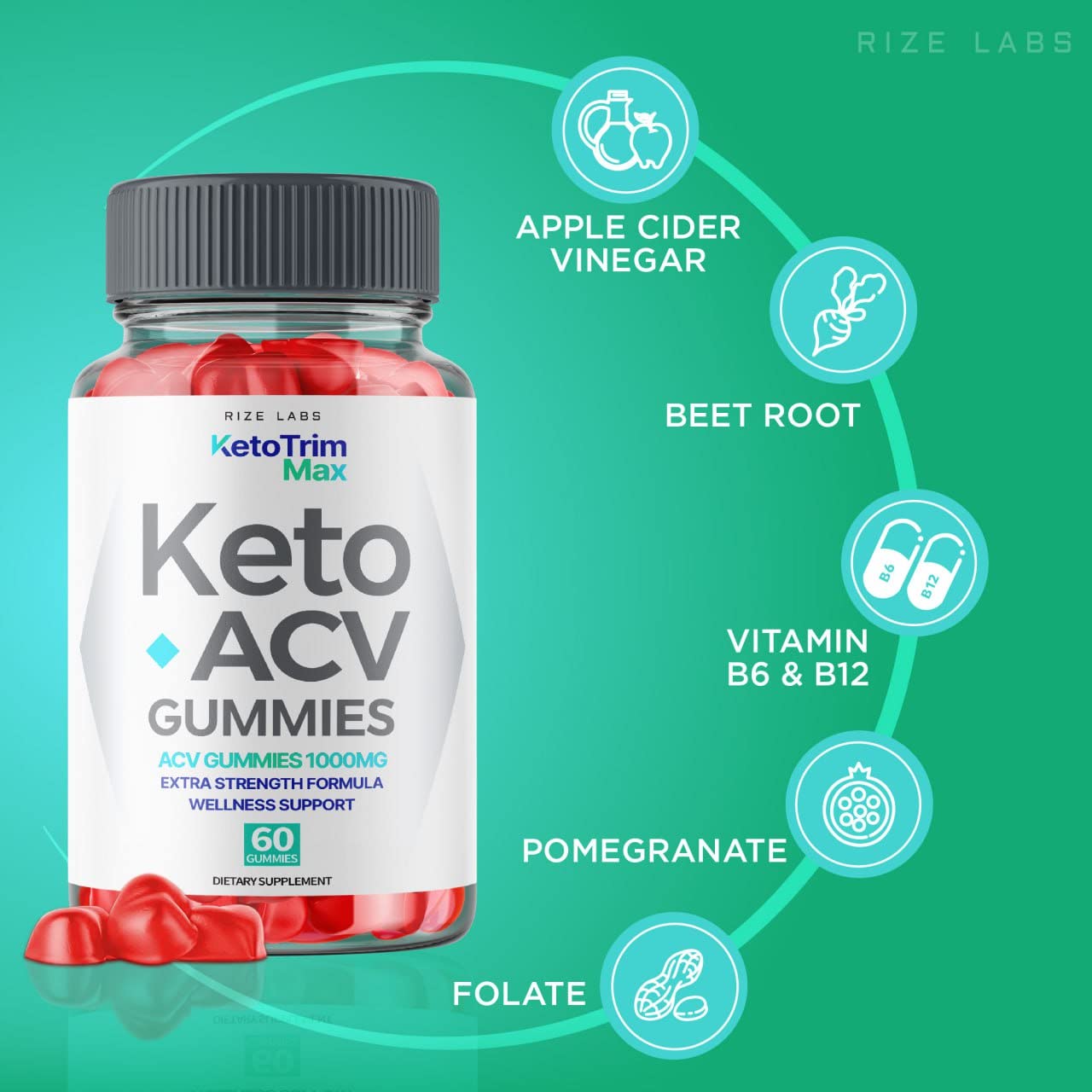 rize labs Keto Trim Max ACV Gummies for Advanced Weight Loss with Apple Cider Vinegar Supplement, 60 Count